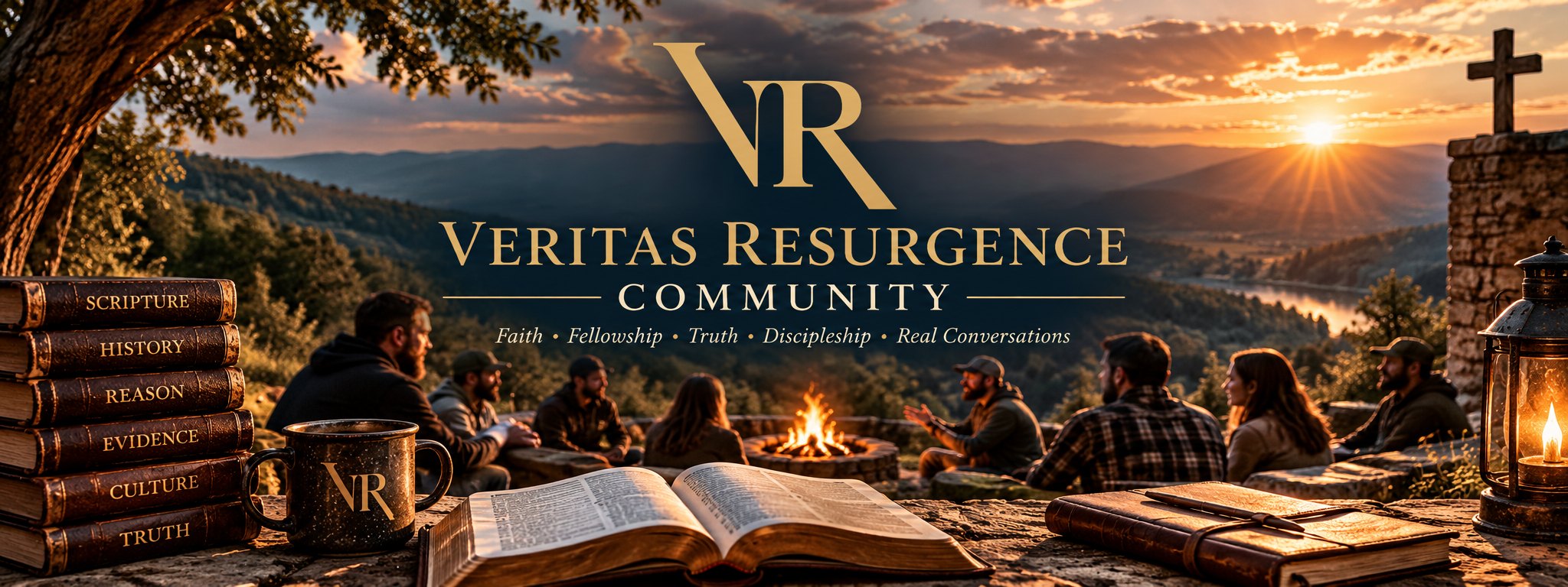 Veritas Resurgence Community — believers gathered around a fire at sunset with an open Bible. Faith, Fellowship, Truth, Discipleship, Real Conversations.